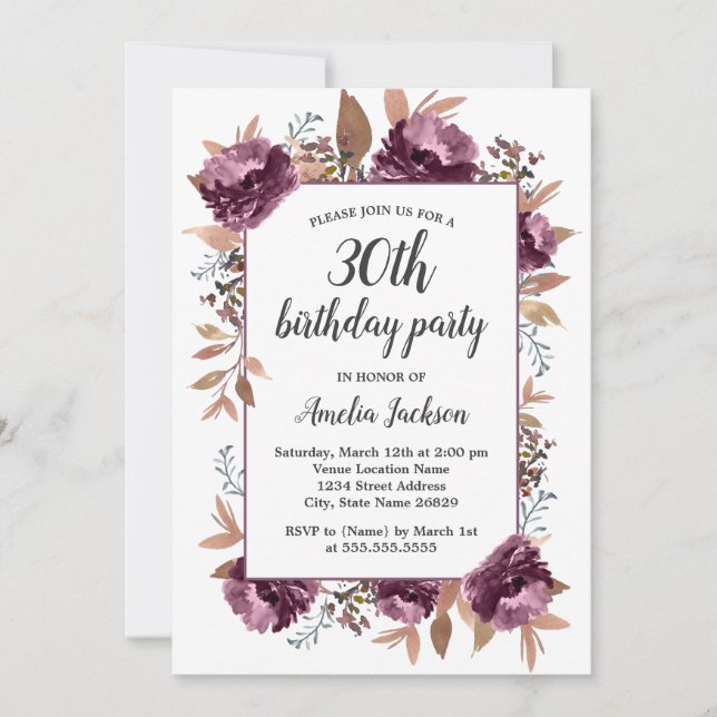 Invitación de cumpleaños número 30 con flor de agu (Anverso)