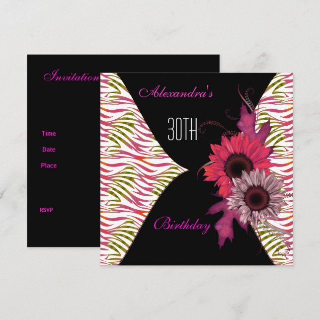 Invitación de cumpleaños número 30 con flores Blac (Anverso / Reverso)