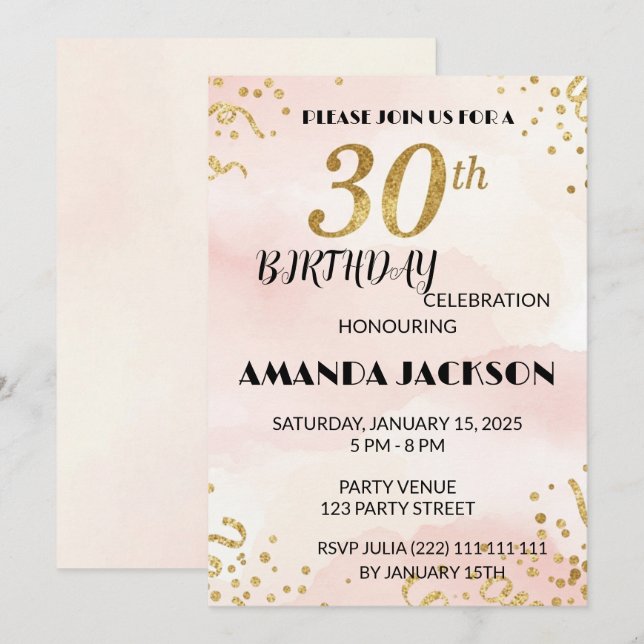 Invitación de cumpleaños número 30 con flores dora (Anverso / Reverso)