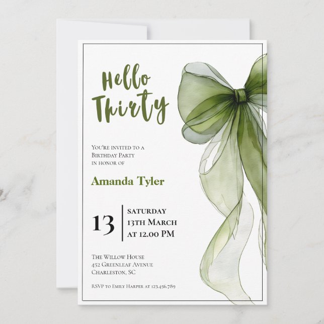 Invitación de cumpleaños número 30 con lazo verde  (Anverso)