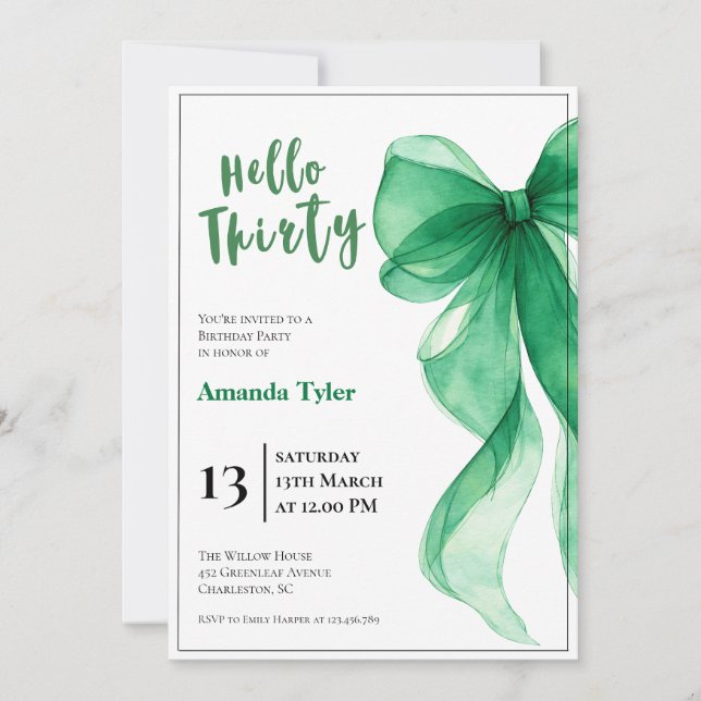Invitación de cumpleaños número 30 con lazo verde  (Anverso)