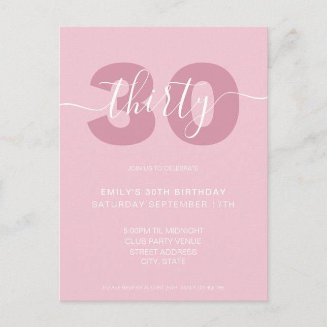 Invitación de cumpleaños número 30 con letra cursi (Anverso)