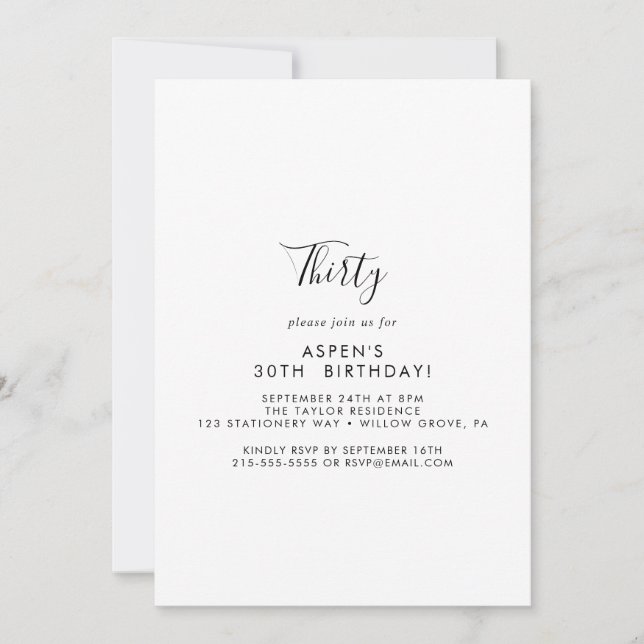 Invitación de cumpleaños número 30 con letra moder (Anverso)