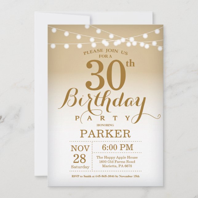 Invitación de cumpleaños número 30 con luces de ca (Anverso)