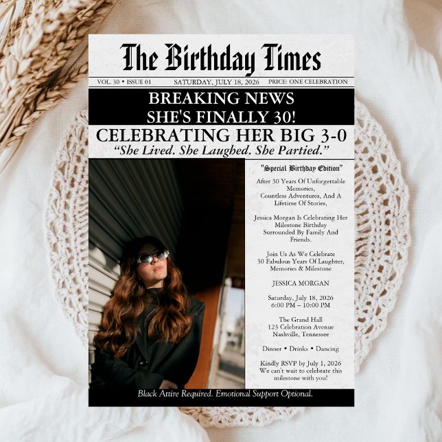 Invitación de cumpleaños número 30 con periódico d (Subido por el creador)