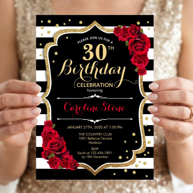 Invitación de cumpleaños número 30 con rayas negra (Subido por el creador)