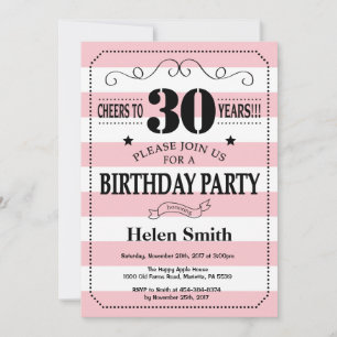 Invitación de cumpleaños número 30 con rayas rosad
