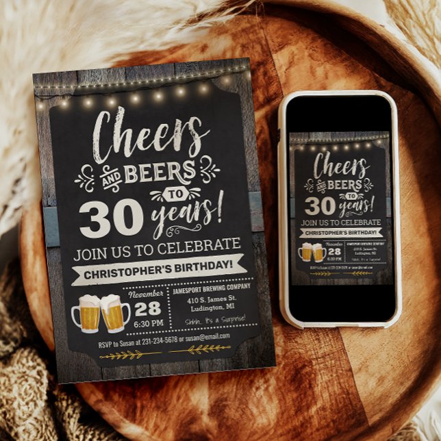 Invitación de cumpleaños número 30 con sorpresa de (Surprise Cheers and Beers 30th Birthday Invitation)