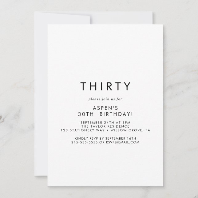 Invitación de cumpleaños número 30 con tipografía  (Anverso)
