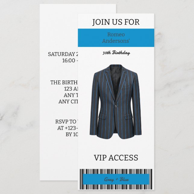 Invitación de cumpleaños número 30 con traje gris  (Anverso / Reverso)