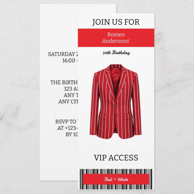 Invitación de cumpleaños número 30 con traje rojo  (Anverso / Reverso)