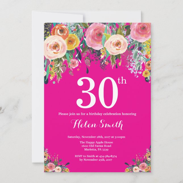 Invitación de cumpleaños número 30 de flores rosa  (Anverso)