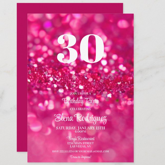 Invitación de cumpleaños número 30 de Glam, Purpur (Hot Pink Glitter 30th Birthday Party Invitation, Girly, Feminine, 30)