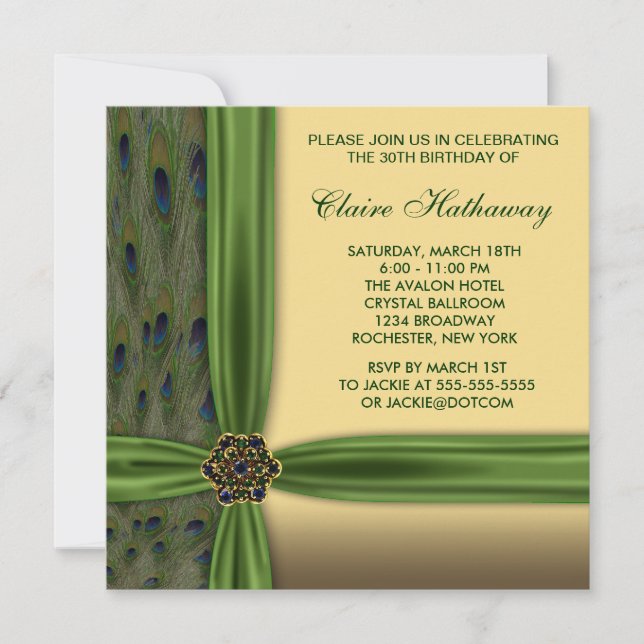 Invitación de cumpleaños número 30 de oro y pavo r (Anverso)