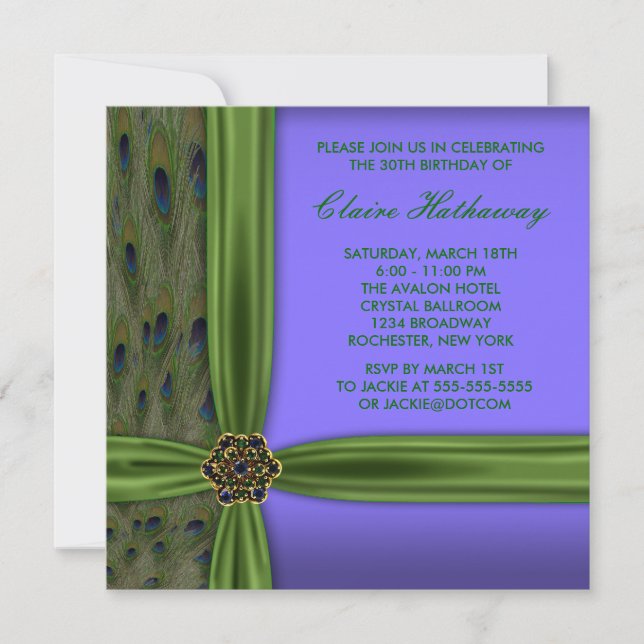 Invitación de cumpleaños número 30 de pavo real pú (Anverso)