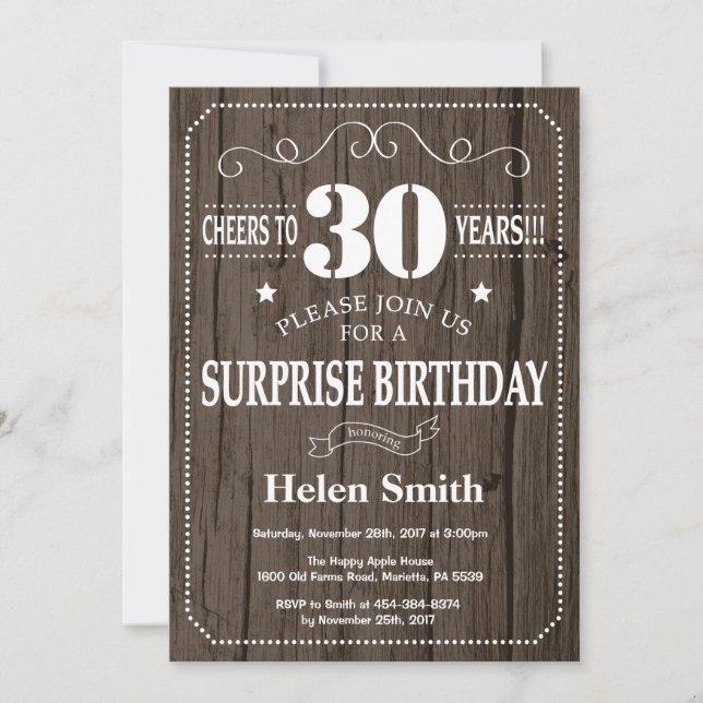 Invitación de cumpleaños número 30 de Rustic Surpr (Anverso)