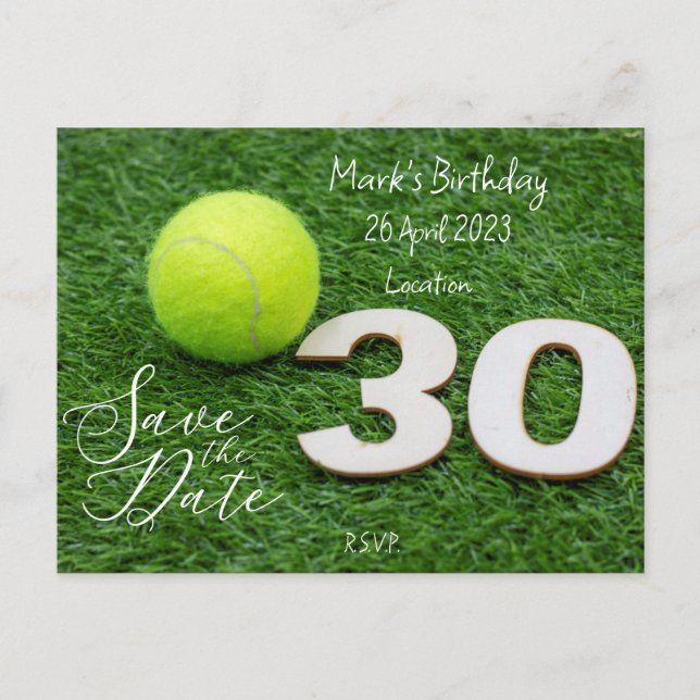 Invitación de cumpleaños número 30 de tenis "Save  (Anverso)