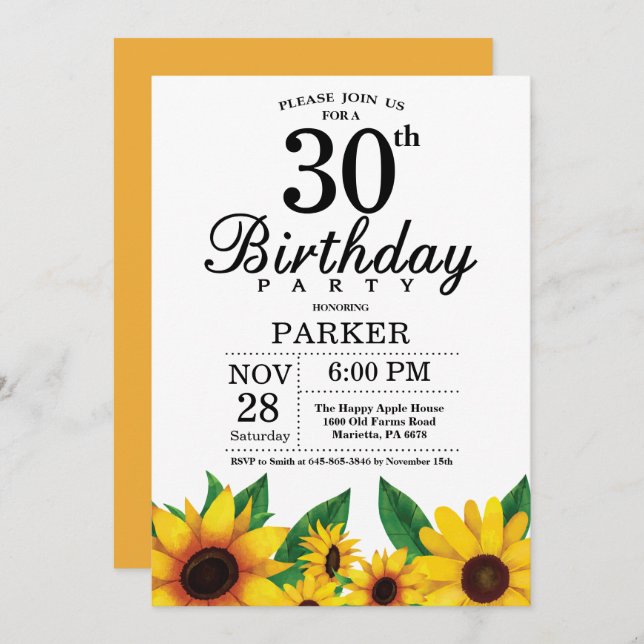 Invitación de cumpleaños número 30 del girasol (Anverso / Reverso)