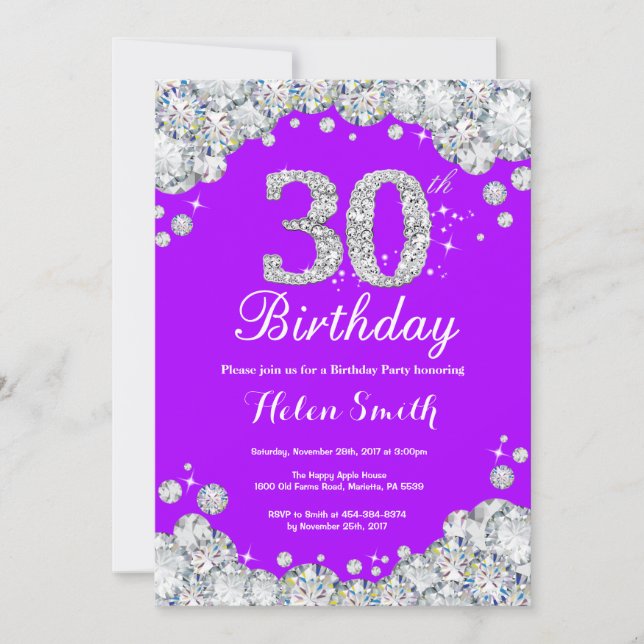 Invitación de cumpleaños número 30 Diamante morado (Anverso)