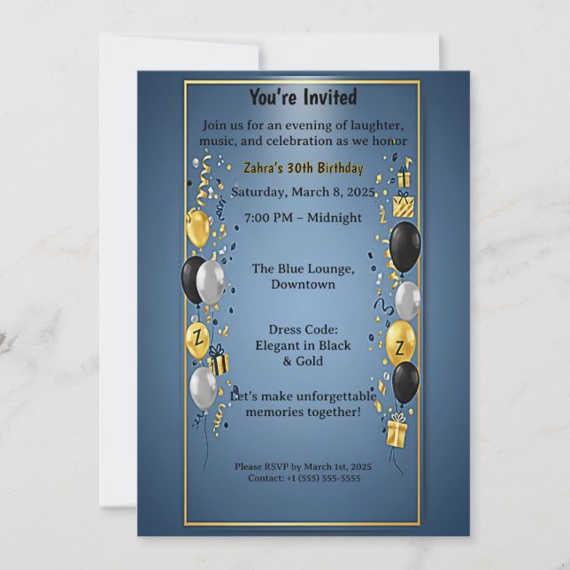 Invitación de cumpleaños número 30 elegante en neg (Anverso)