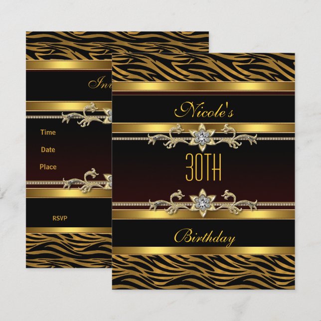 Invitación de cumpleaños número 30 elegante en oro (Anverso / Reverso)
