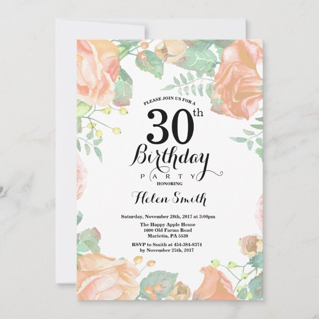 Invitación de cumpleaños número 30 floral de meloc (Anverso)