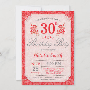 Invitación de cumpleaños número 30 floral roja par