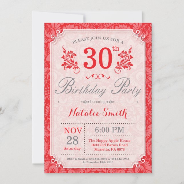 Invitación de cumpleaños número 30 floral roja par (Anverso)