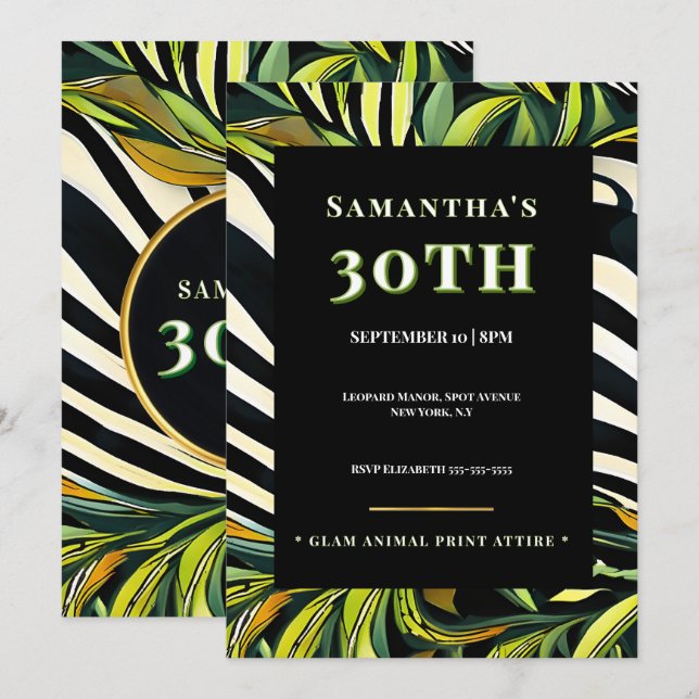 Invitación de Cumpleaños número 30 Jungle Glam Est (Anverso / Reverso)