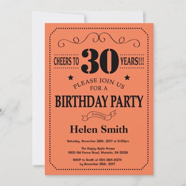 Invitación de cumpleaños número 30 negra y coral (Anverso)
