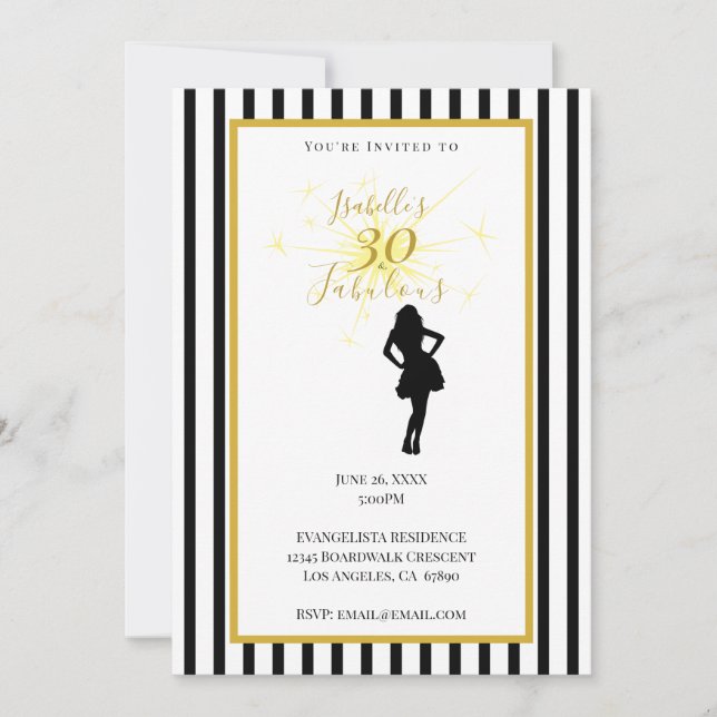 Invitación de cumpleaños número 30 negro y dorado (Anverso)