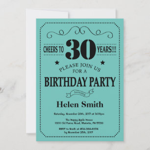 Invitación de cumpleaños número 30 negro y teal