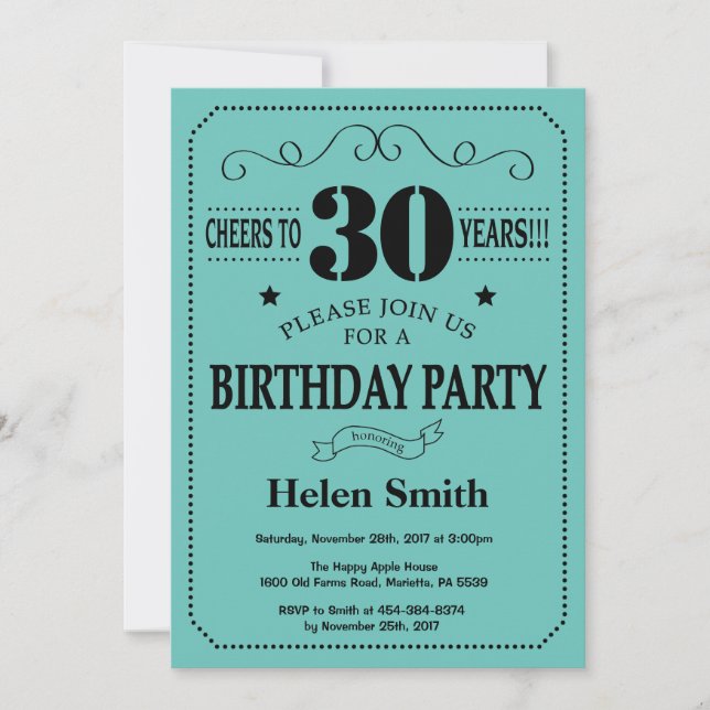 Invitación de cumpleaños número 30 negro y teal (Anverso)