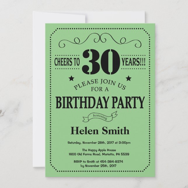 Invitación de cumpleaños número 30 negro y verde (Anverso)