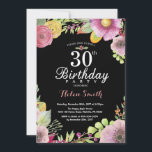 Invitación de cumpleaños número 30 para mujeres co<br><div class="desc">Invitación floral de cumpleaños número 30 para mujeres. Floral acuática,  color rosa,  fondo negro de pizarra. Para una mayor personalización,  haga clic en el botón "Personalizar" y utilice nuestra herramienta de diseño para modificar esta plantilla.</div>