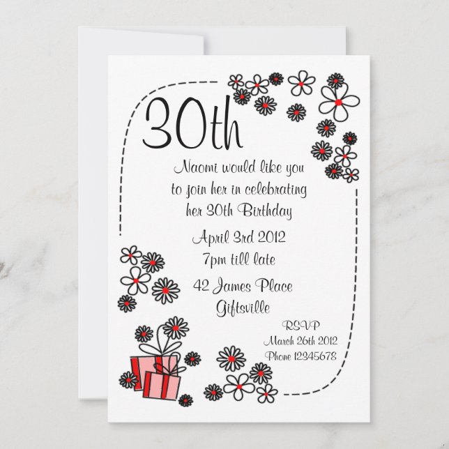 Invitación de cumpleaños número 30 para regalo y f (Anverso)