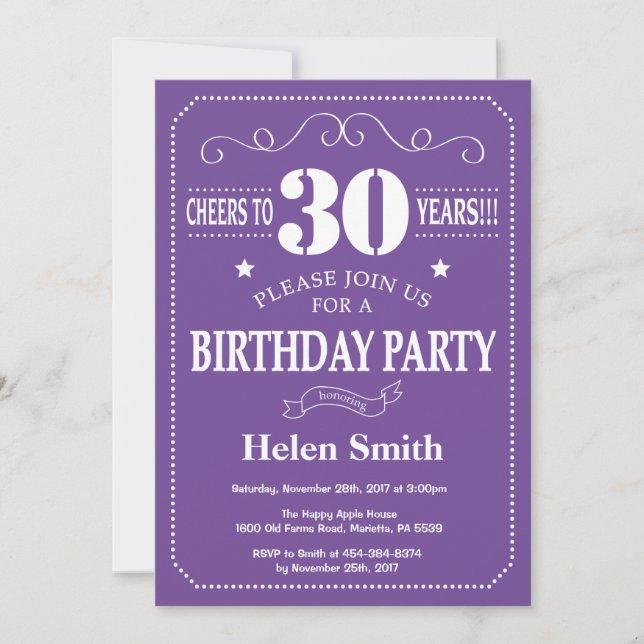 Invitación de cumpleaños número 30 púrpura y blanc (Anverso)