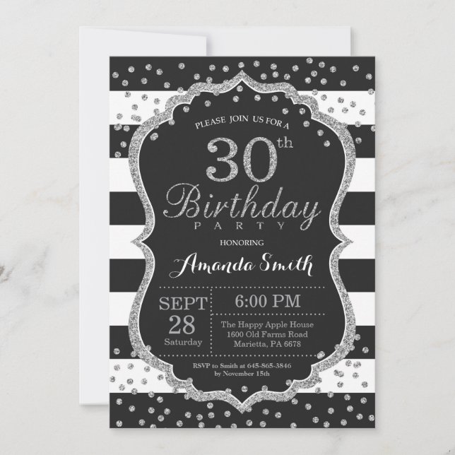 Invitación de cumpleaños número 30. Purpurina negr (Anverso)