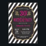 Invitación de cumpleaños número 30. Purpurina negr<br><div class="desc">30° cumpleaños - Invitación para mujeres. Invitación a la fiesta de cumpleaños rosado negro y oro.Brillantina dorada. Flor floral rosa. Bandas blancas y negras. Digital Imprimible.
Para más personalización,  haga clic en el botón "Personalizar" y utilice nuestra herramienta de diseño para modificar esta plantilla.</div>