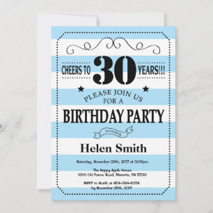Invitación de cumpleaños número 30 rayas azules y 
