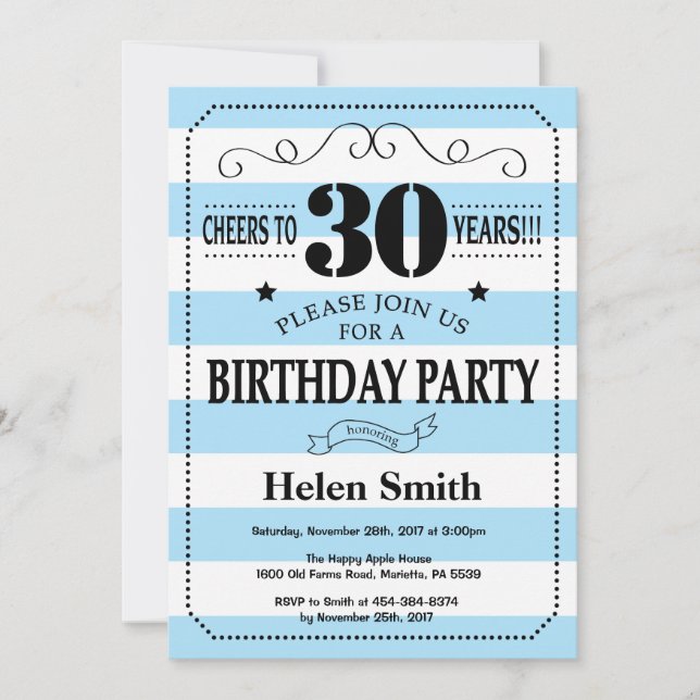 Invitación de cumpleaños número 30 rayas azules y  (Anverso)