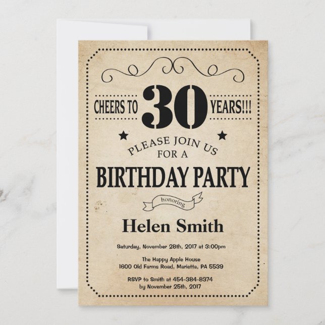 Invitación de cumpleaños número 30 Retro de cosech (Anverso)