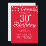 Invitación de cumpleaños número 30 roja<br><div class="desc">Invitación de cumpleaños número 30 con String Lights. Fondo Rojo. 13. 15. 16. 18. 20. 21. 30. 40. 50. 60. 70. 80. 90. 100. Cualquier edad.
Para más personalización,  haga clic en el botón "Personalizar" y utilice nuestra herramienta de diseño para modificar esta plantilla.</div>