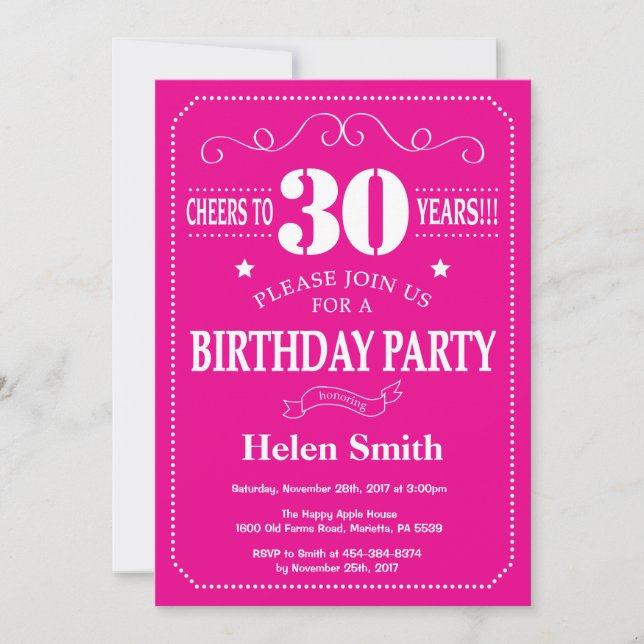 Invitación de cumpleaños número 30 rosa intenso y  (Anverso)