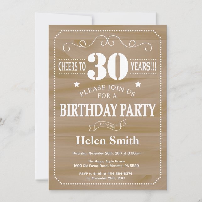 Invitación de cumpleaños número 30 rústica (Anverso)