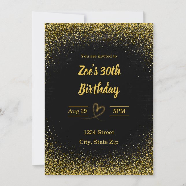 Invitación de cumpleaños número 30 – Thirty en oro (Anverso)