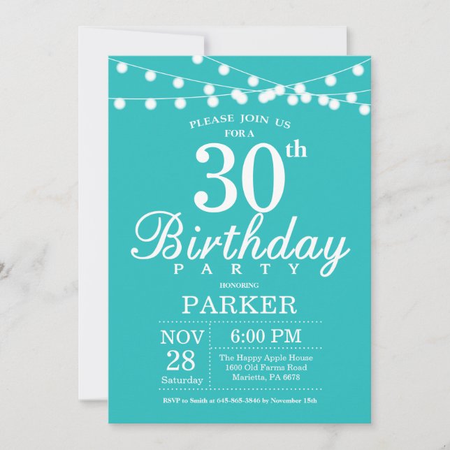 Invitación de cumpleaños número 30 turquesa verde  (Anverso)