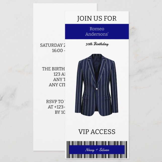 Invitación de cumpleaños número 30 VIP Navy Silver (Anverso / Reverso)