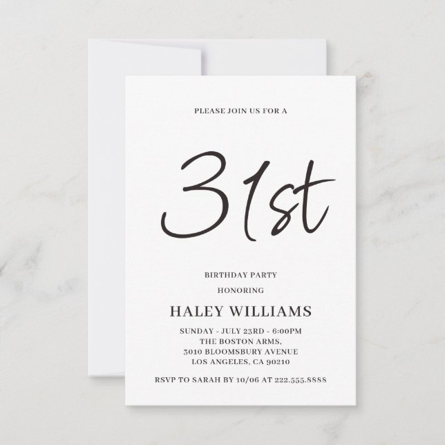 Invitación de cumpleaños número 31 con caligrafía  (Anverso)