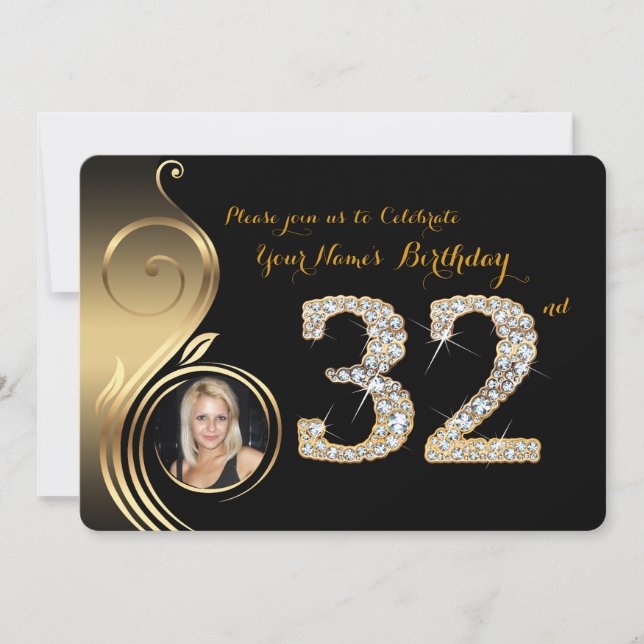 Invitación de cumpleaños número 32, número diamant (Anverso)